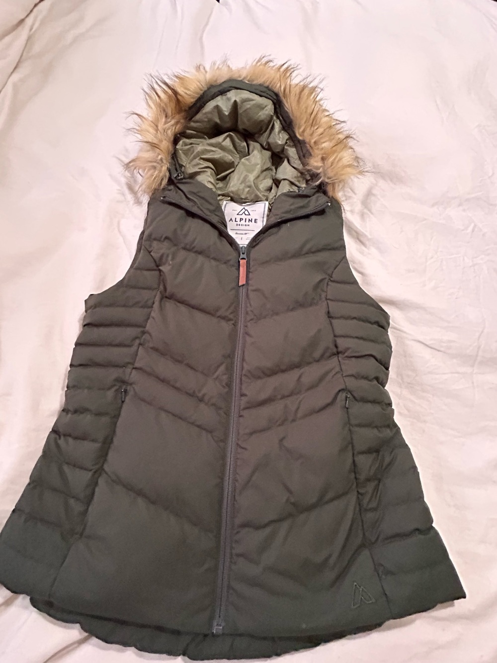 Alpine Design Olive Puffer Vest with Faux Fur Trimmed Hood